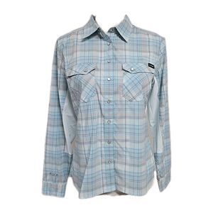 NRS Guide Wear Shirt Snap Button Long Sleeve UPF 35 Plaid Pale Blue Women’s Sz S